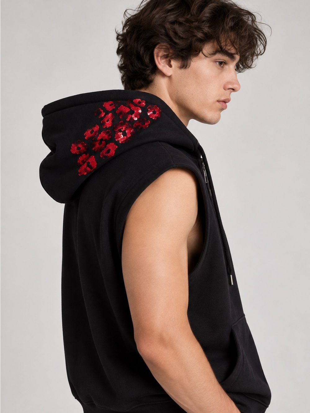 N°21 Numero Ventuno Red Sequin Hood Oversized Zip Hoodie Vest Men’s Small